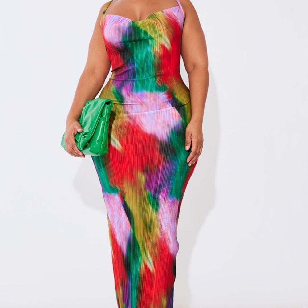 Plus Multi Printed Plisse Cowl Neck Maxi Dress
